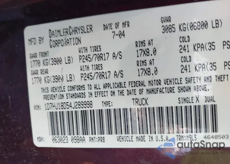 2004 Dodge Ram 1500 Slt/Laramie from USA, damaged, VIN 1D7HU18D54J289998